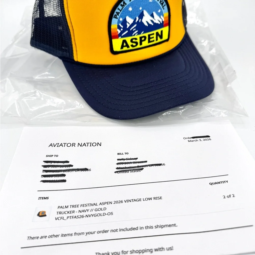 NWT Aviator Nation Aspen Palm Tree Festival Trucker Hat Gold / Navy Blue, Unisex